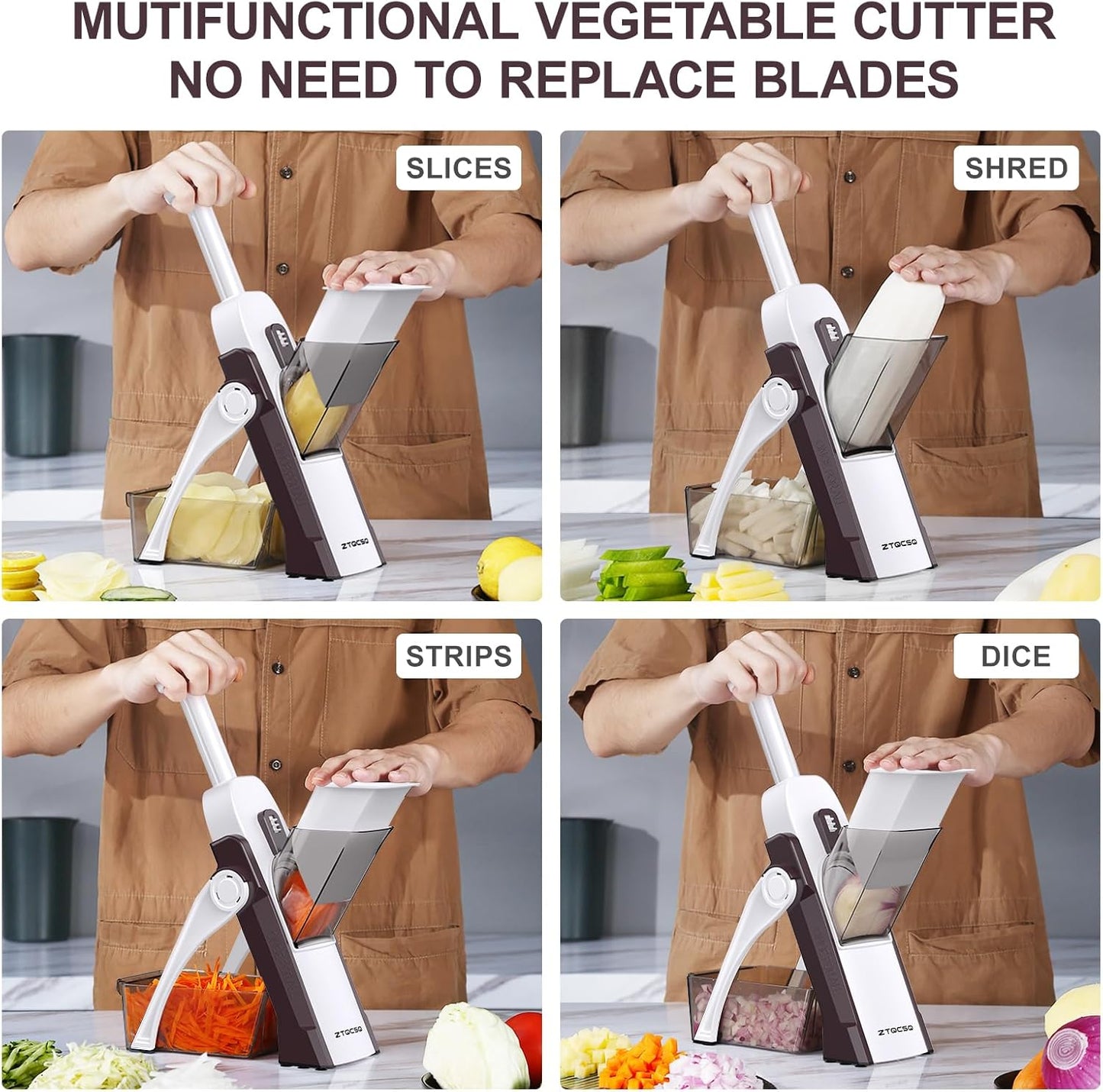 5 in 1 Safe Mandoline Slicer for Kitchen, Safe Vegetable Chopper, Paring Knife, Adjustable Thickness, Easy to Clean, Vegetable Slicer, Slicing, Strips, Shredding, Dicing, Chop (Black Knight)