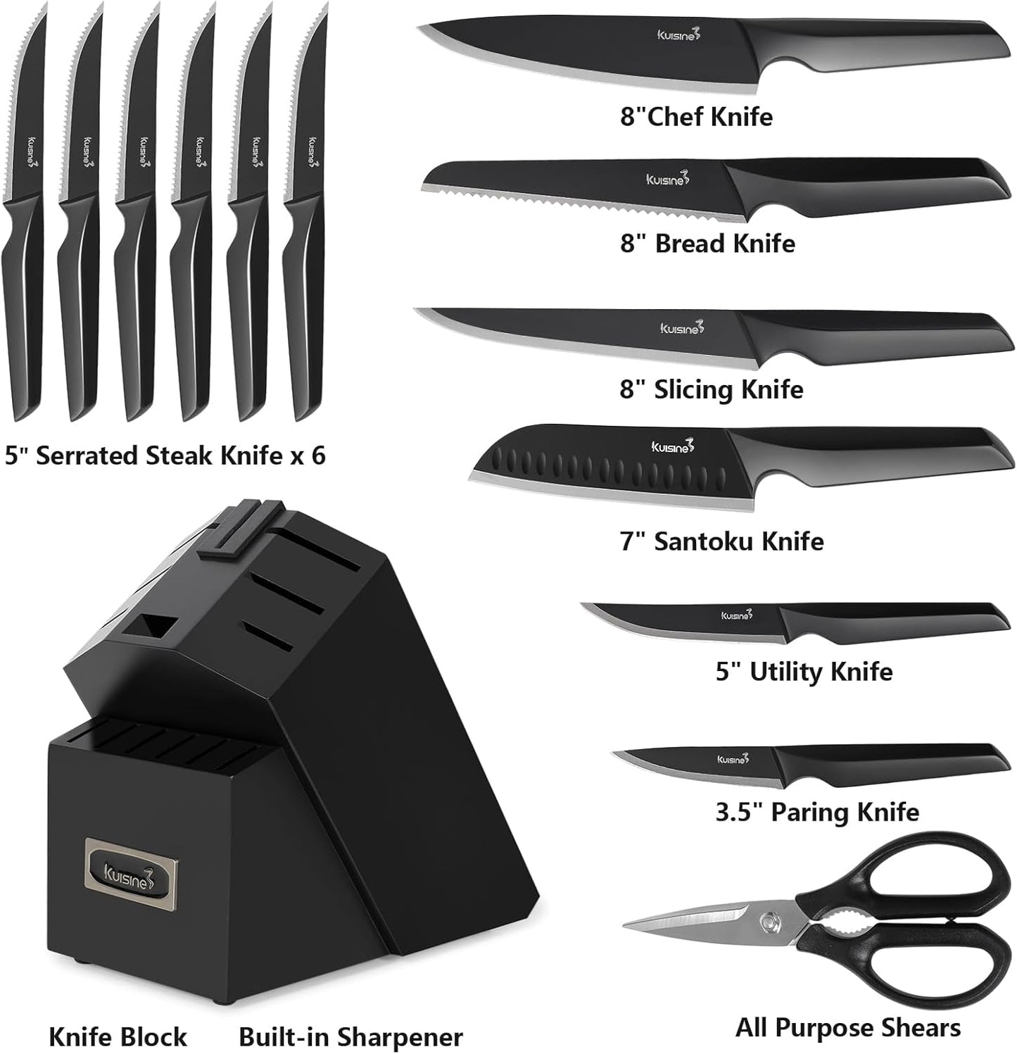 Kuisine Black Knife Set, 15-Piece High Carbon Stainless Steel Ultra Sharp Knife Block Set, Ergonomic Handle with Sharpener for Kitchen(15 PCS Black EX)