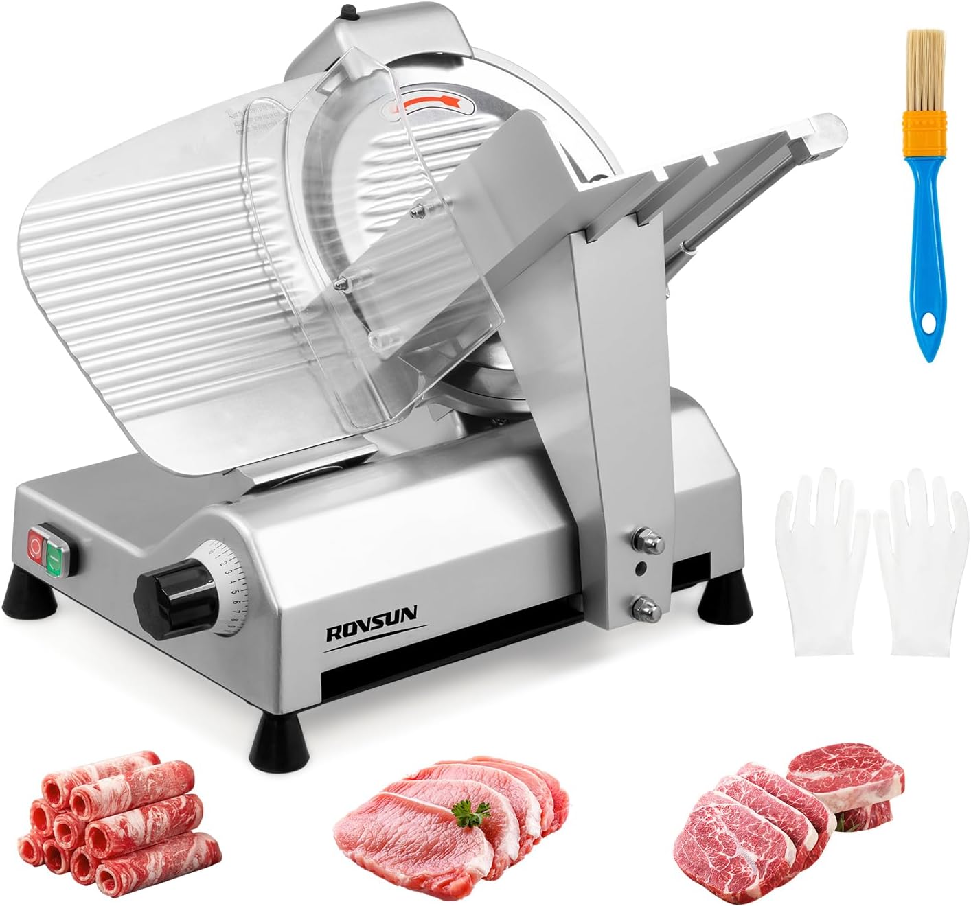 ROVUN 8.7 inch Commercial Meat Slicer, Electric Food Slicer ETL Certified, 300W Frozen Meat Deli Slicer, 0-12mm Adjustable Thickness, Chromium-Plated Steel Blade for Home and Commercial