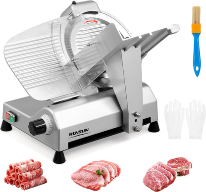 ROVUN 8.7 inch Commercial Meat Slicer, Electric Food Slicer ETL Certified, 300W Frozen Meat Deli Slicer, 0-12mm Adjustable Thickness, Chromium-Plated Steel Blade for Home and Commercial