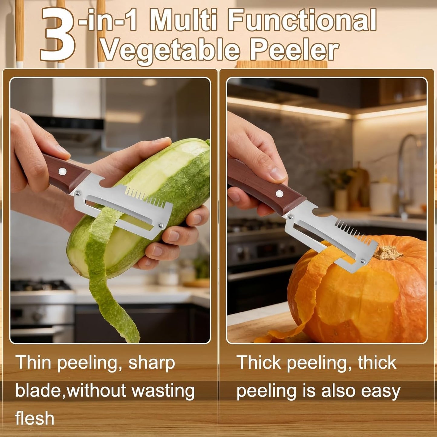 2PCS Multifunctional Vegetable Peeler, Upgrade 3-in-1 Wooden Handle Peelers with Bottle Opener, Premium Stainless Steel Peeler, Fruit Knife for Welsh Onion, Potato, Carrot, Apple, Pumpkin with a Brush