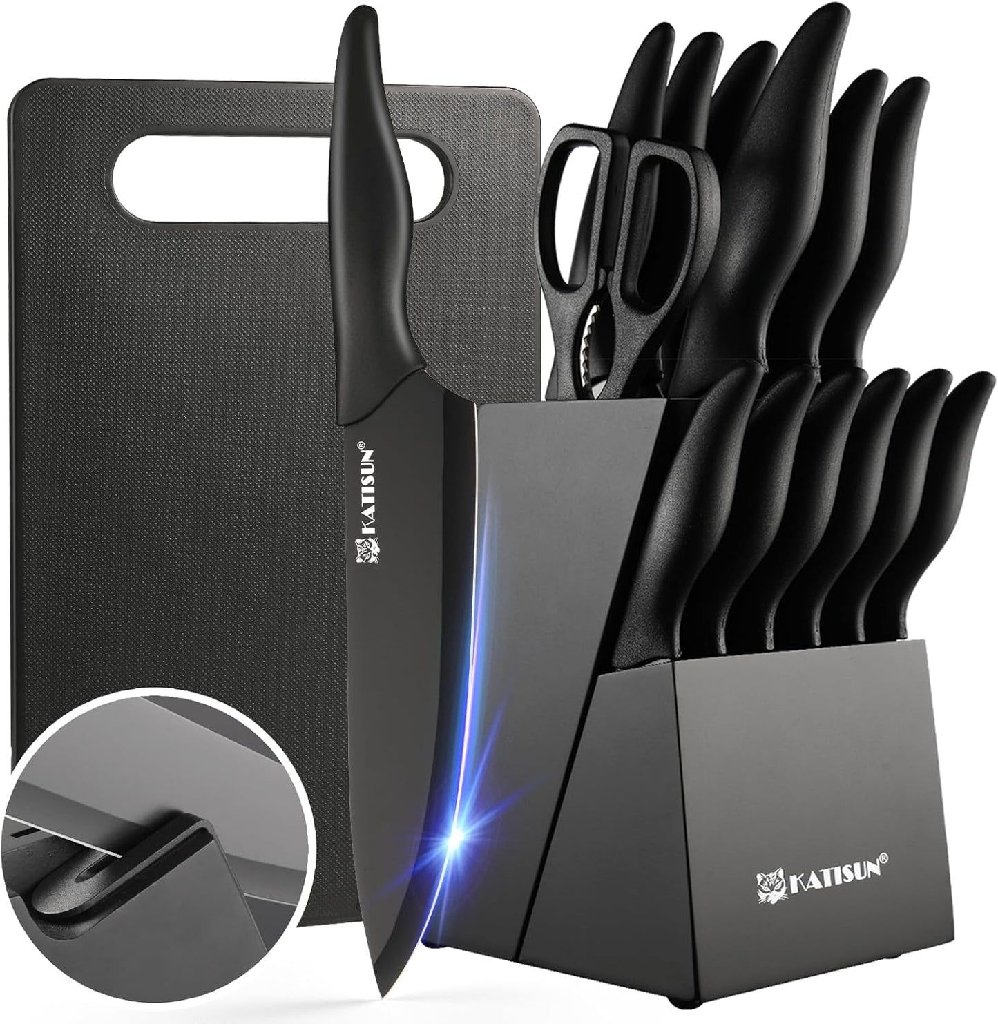 Kitchen Knife Set,14-Piece Knife Set With Block Wooden, Self Sharpening For Chef Knife Set, High Carbon German Stainless Steel Hammered Collection Knife Block Set, Dishwasher Safe Cutlery, Cream