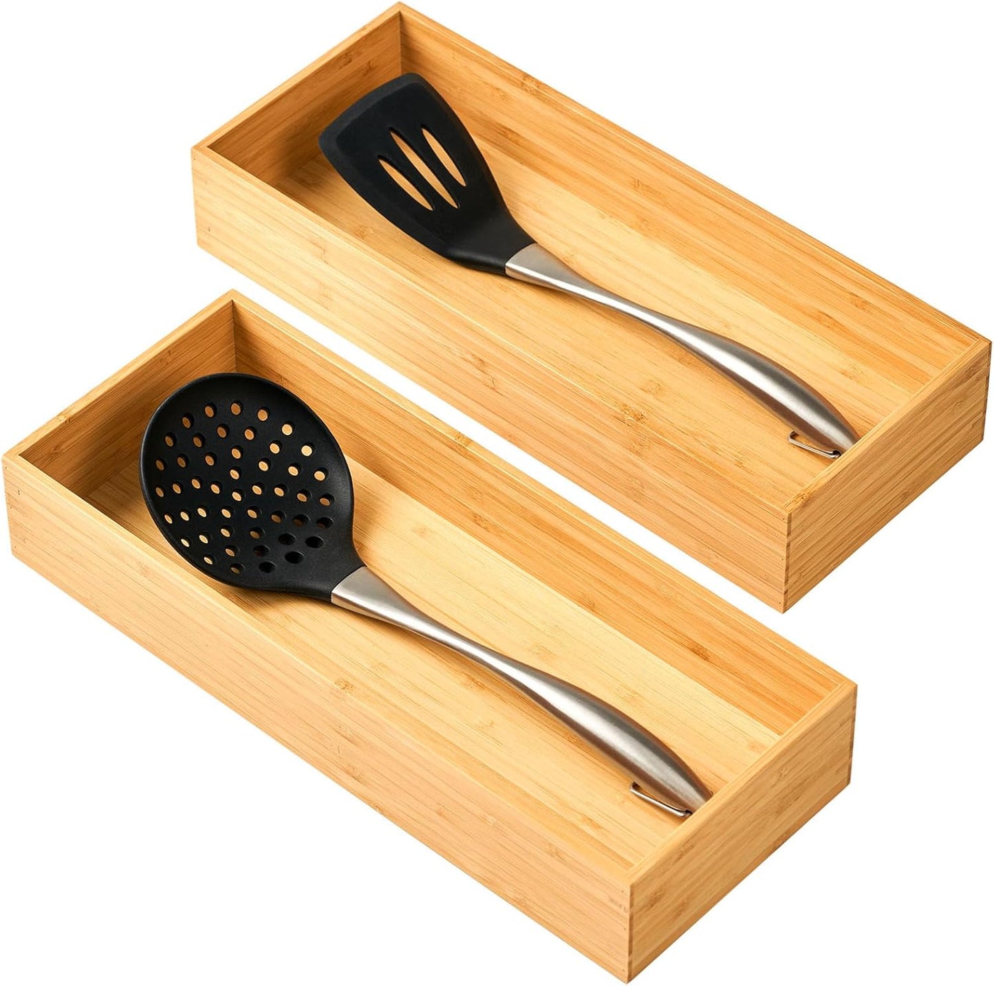 Umilife Bamboo Kitchen Utensils Organizer, Extra Long High Silverware Drawer Holder, Flatware Cutlery Storage Box, Multi-Use Drawer Divider in Office, Bathroom, Pantry - 17"x6"x2.5" (Set of 2)