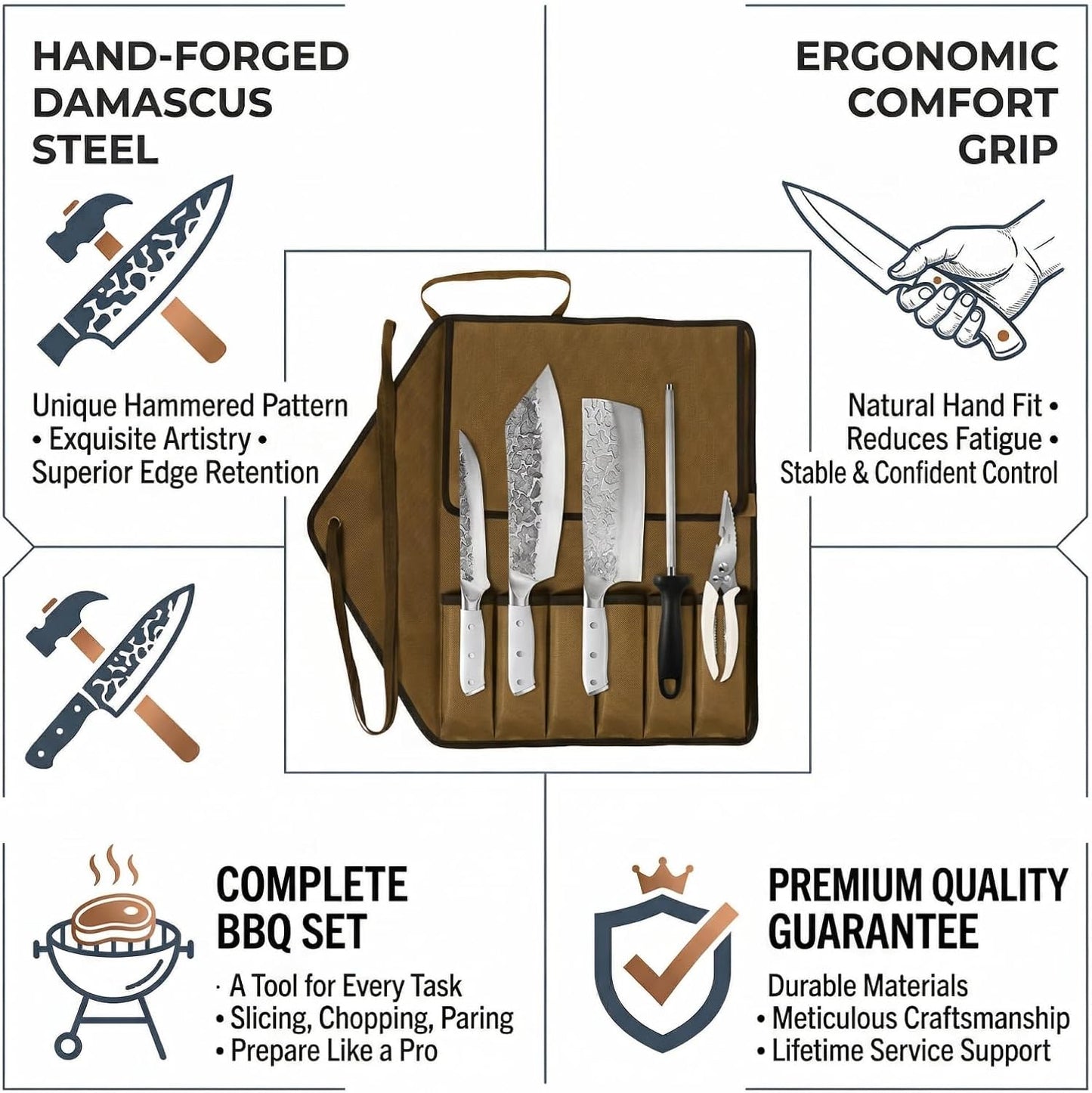 KOFERY Damascus Steel Butcher Knife Set with Full Tang Blades for Pit Master BBQ Meat Carving, Smoking Meat & Game Processing with Canvas Knife Roll for Camping, Gift for Men