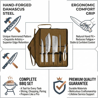 KOFERY Damascus Steel Butcher Knife Set with Full Tang Blades for Pit Master BBQ Meat Carving, Smoking Meat & Game Processing with Canvas Knife Roll for Camping, Gift for Men