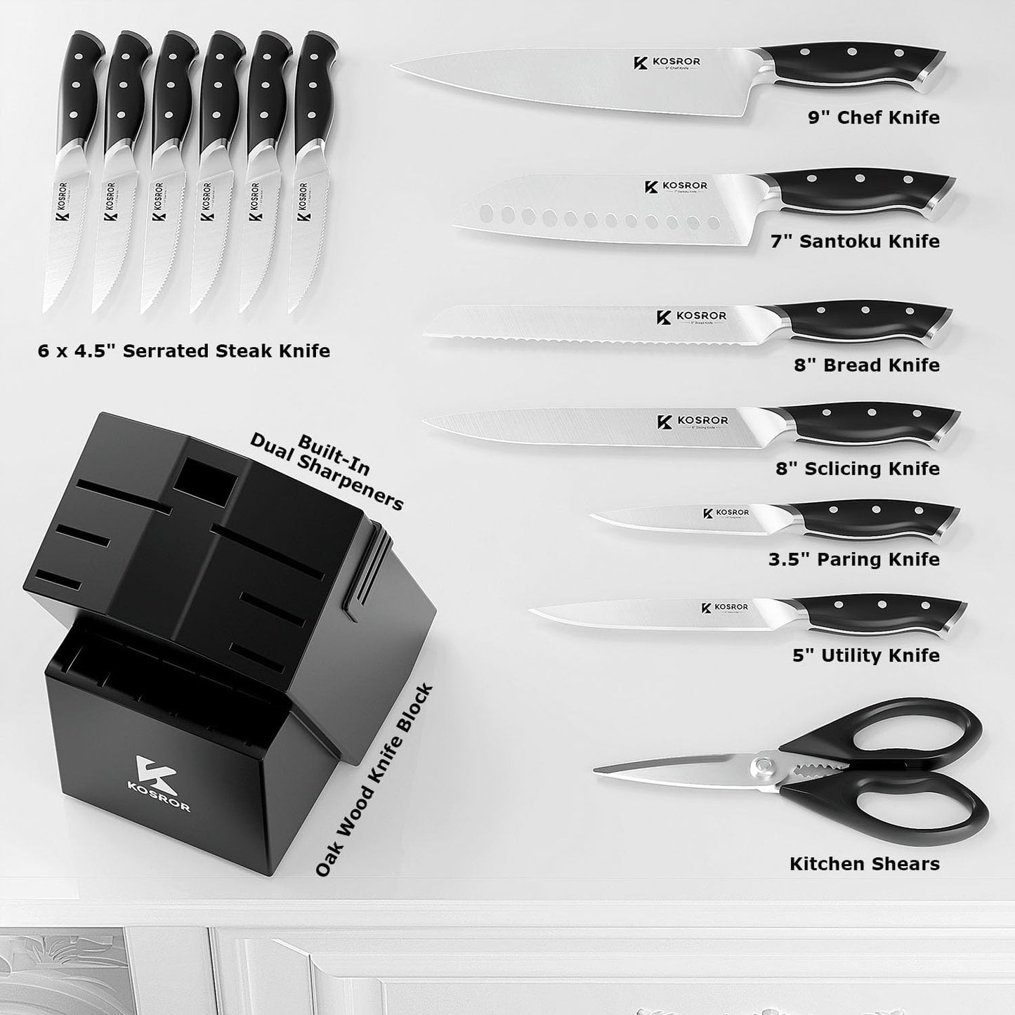 Kitchen Knife Set with Block: 15-Piece German Stainless Steel with Dual Sharpener for Beginners - Covers 95% Kitchen Tasks - Black Full-Tang Ergonomic Handle, Dishwasher Safe, Easy to Use