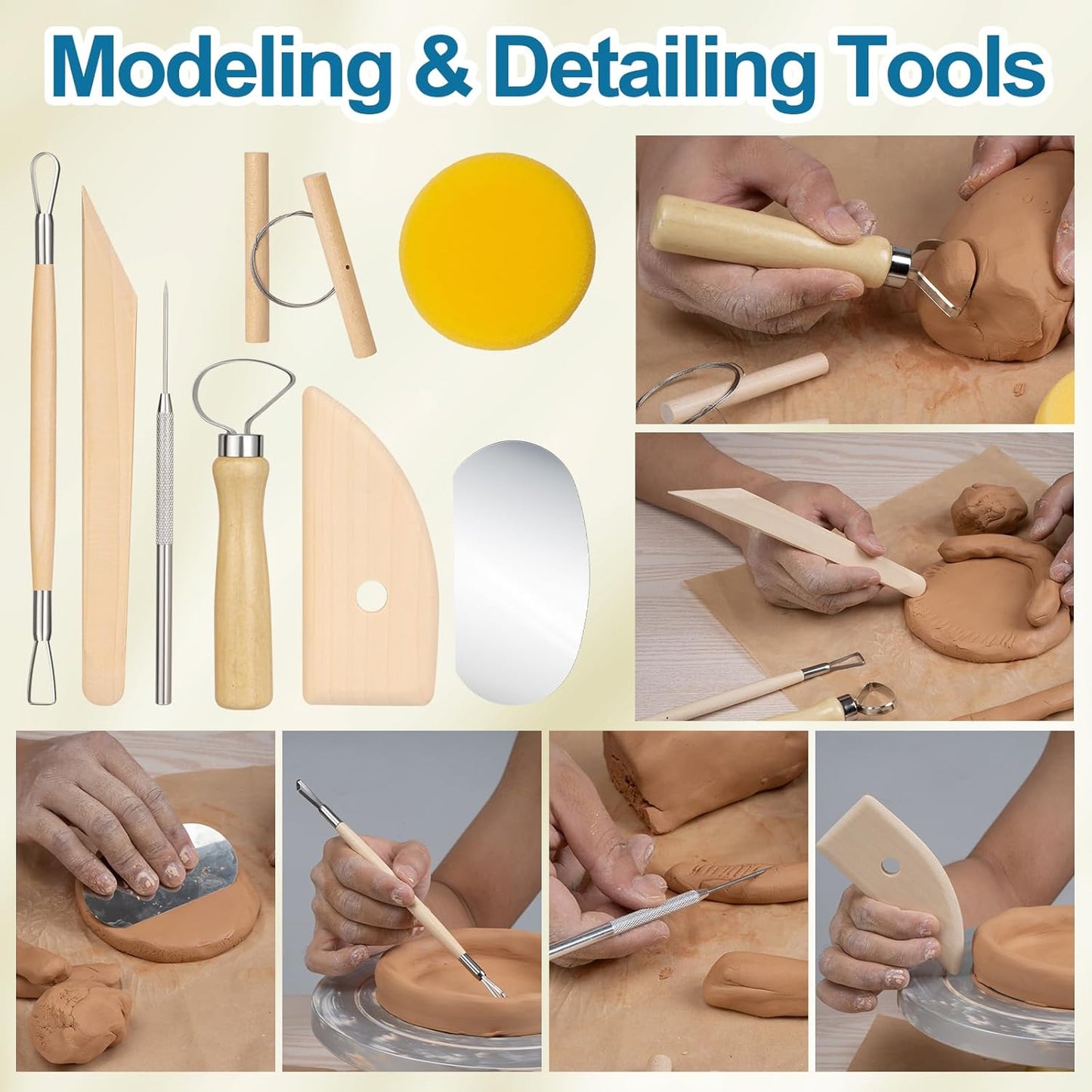 Amrules Clay Tools Kit, 12 PCS Polymer Clay Cutter Tools, Rectangle Shape Acrylic Press Board and Roller Pin Supplies Suitable for Shaping, Carving, Pottery Craft and DIY Projects