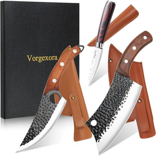 3PCS Butcher Chef Knife Set for Kitchen - Meat Cleaver & Paring Knife, Hand Forged High Carbon Steel Knives with Sheath for Home Cooking, Outdoor Camping, BBQ, Gift Idea for Men