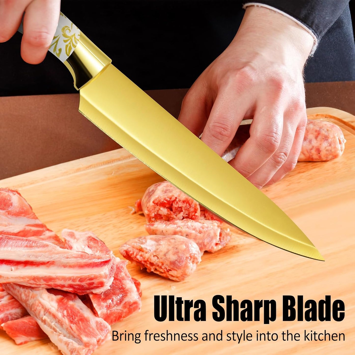 Kitchen Knife Set Non Stick Knives with Block, Serrated Steak Knife, Chef Knife, Bread Knife, Scissors, Sharpener, 14Pcs Stainless Steel Ultra-Sharp Cutlery Block Sets with Titanium Coated Blade
