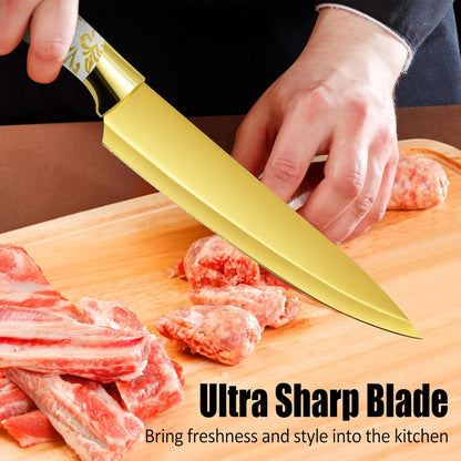 Kitchen Knife Set Non Stick Knives with Block, Serrated Steak Knife, Chef Knife, Bread Knife, Scissors, Sharpener, 14Pcs Stainless Steel Ultra-Sharp Cutlery Block Sets with Titanium Coated Blade