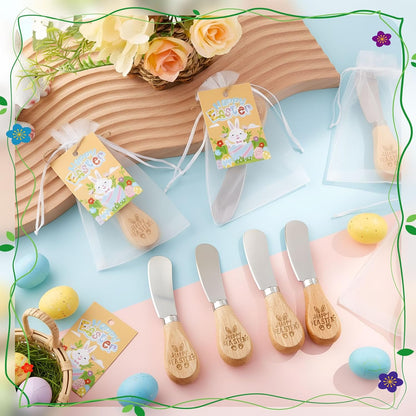24 Pack Easter Party Favors Gift Set Cheese Spreader Knives with Greeting Cards & Organza Bags, Stainless Steel Butter Spreader with Wood Handle, Easter Charcuterie Board Table Decor