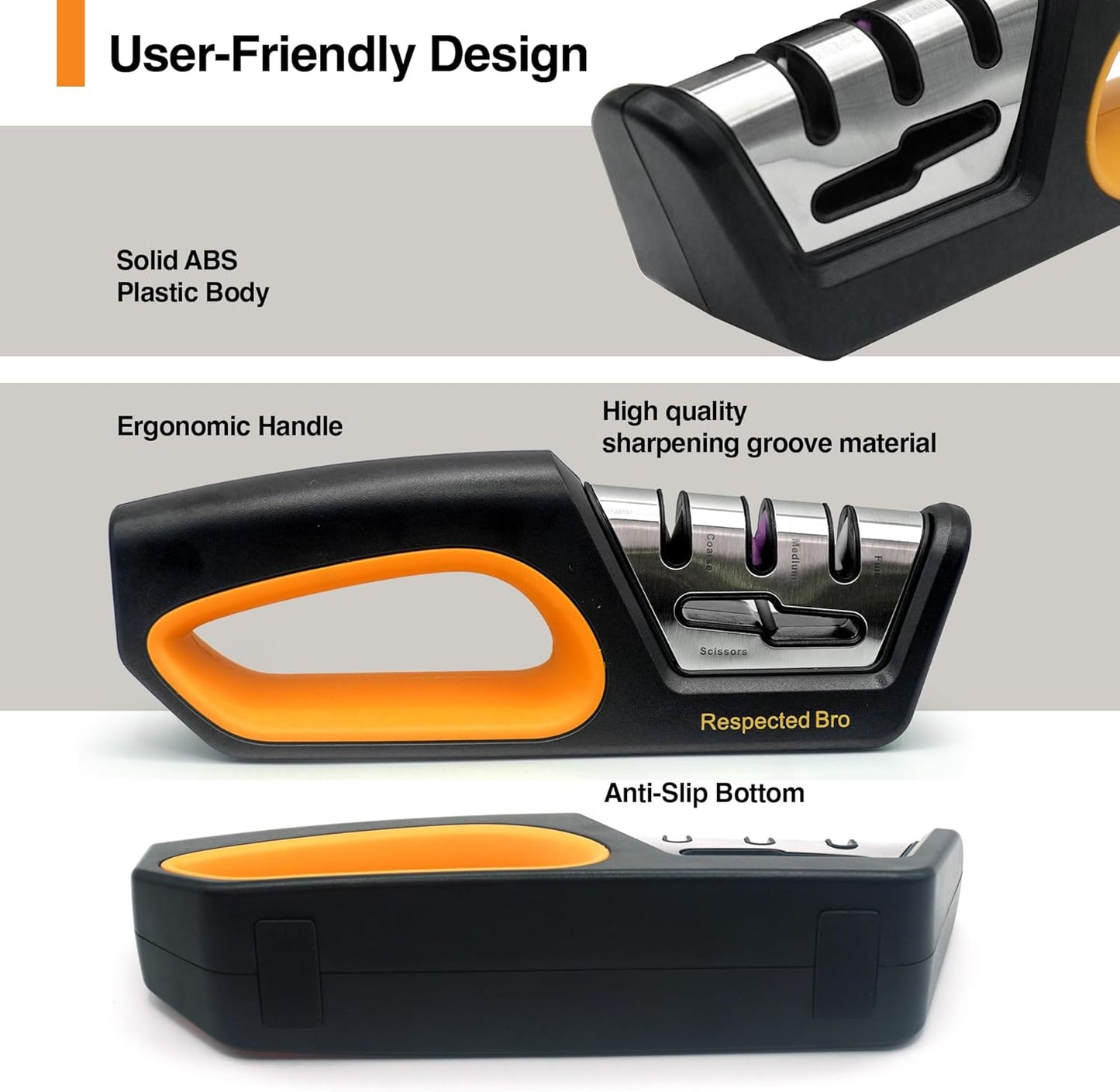RESPECTED BRO 4-in-1 Knife and Scissors Sharpener, Premium Kitchen Knife Sharpener Tool, Help Prepare Restore & Polish Blades, Comfort & Ergonomic Handles For Easy-To-Use