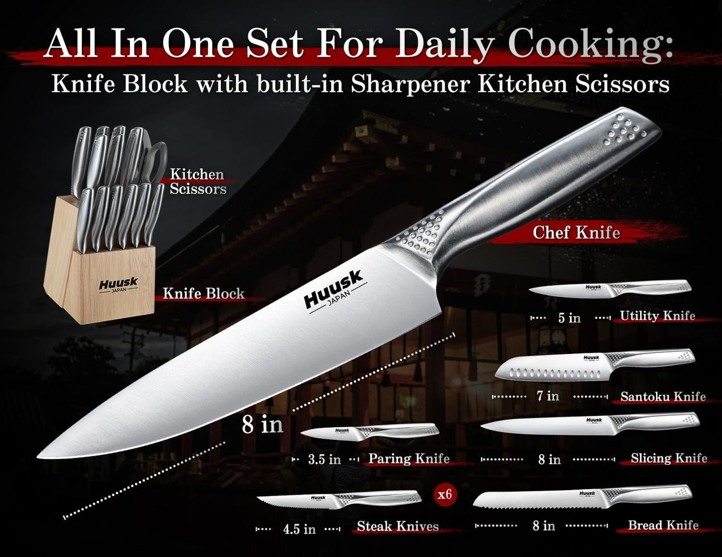 Huusk Knife Set with Block and Sharpener, 14 Pcs Japanese Stainless Steel Kitchen Knife Sets Dishwasher Safe, Sharp Silver Professional Knives Set with Box for Kitchen, Gifts for Men Women