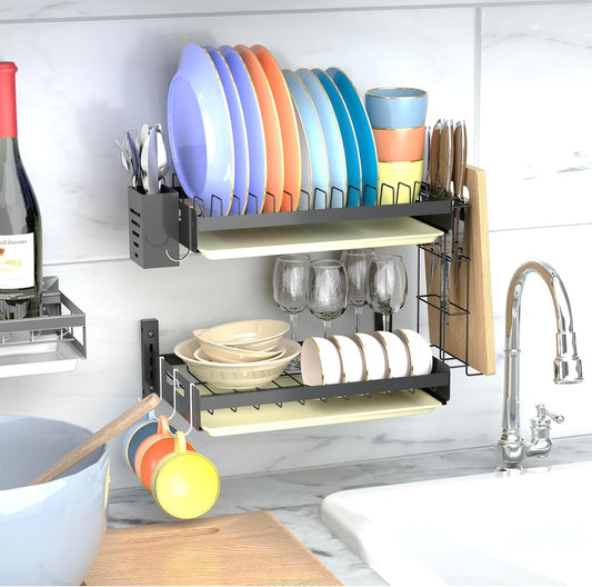 Hanging Wall Mounted Dish Drying Rack Set with Detachable & Removable Layer*2, Hook*4, Drain Tray*2, Apartment & RV Wall Mounted Dish Rack, Adhesive Mountable, Length: 15.9", Washable (Black)