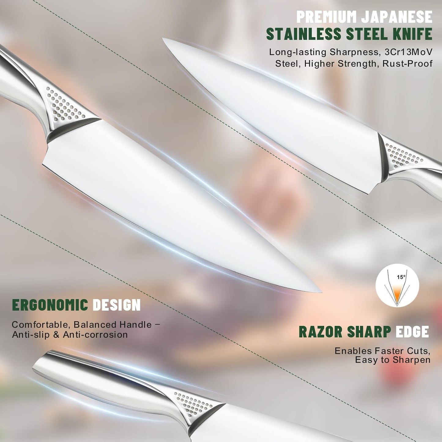 Knife Set, EWFEN 14-Piece Kitchen Knife Set with Block, German Stainless Steel Knives with Built-in Knife Sharpener, Anti-Slip Sharp Knives Set for Kitchen, Dishwasher Safe, Curved Handle