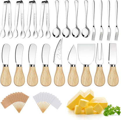 Charcuterie Boards Accessories Gold Charcuterie Utensils Cheese Butter Spreader Knife Set with Wooden Handles Small Serving Tongs Mini Forks and Spoons Flags Toothpick for Party Platter Appetizers