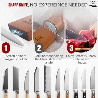 Rolling Knife Sharpener | Professional 15° Angle Manual Knife Sharpener For Japanese & Precision Blades with Magnetic Base & Non-Slip Grip