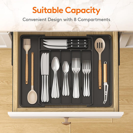 Lifewit Expandable Silverware Organizer, Plastic Utensil Tray for Kitchen Drawer, BPA Free Flatware Cutlery Holder, Space-Saving Storage for Spoons Forks Knives, 8.5-14 x 12 x 1.5 inch, Black