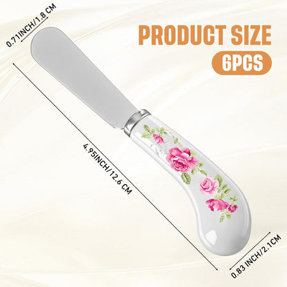 Floral Cheese Spreaders 4.95" Stainless Steel Butter Knife with Ceramic Handle for Jam, Pastry, Butter Knife - Holiday Silverware & Festive Kitchen Cutlery (Flowers)