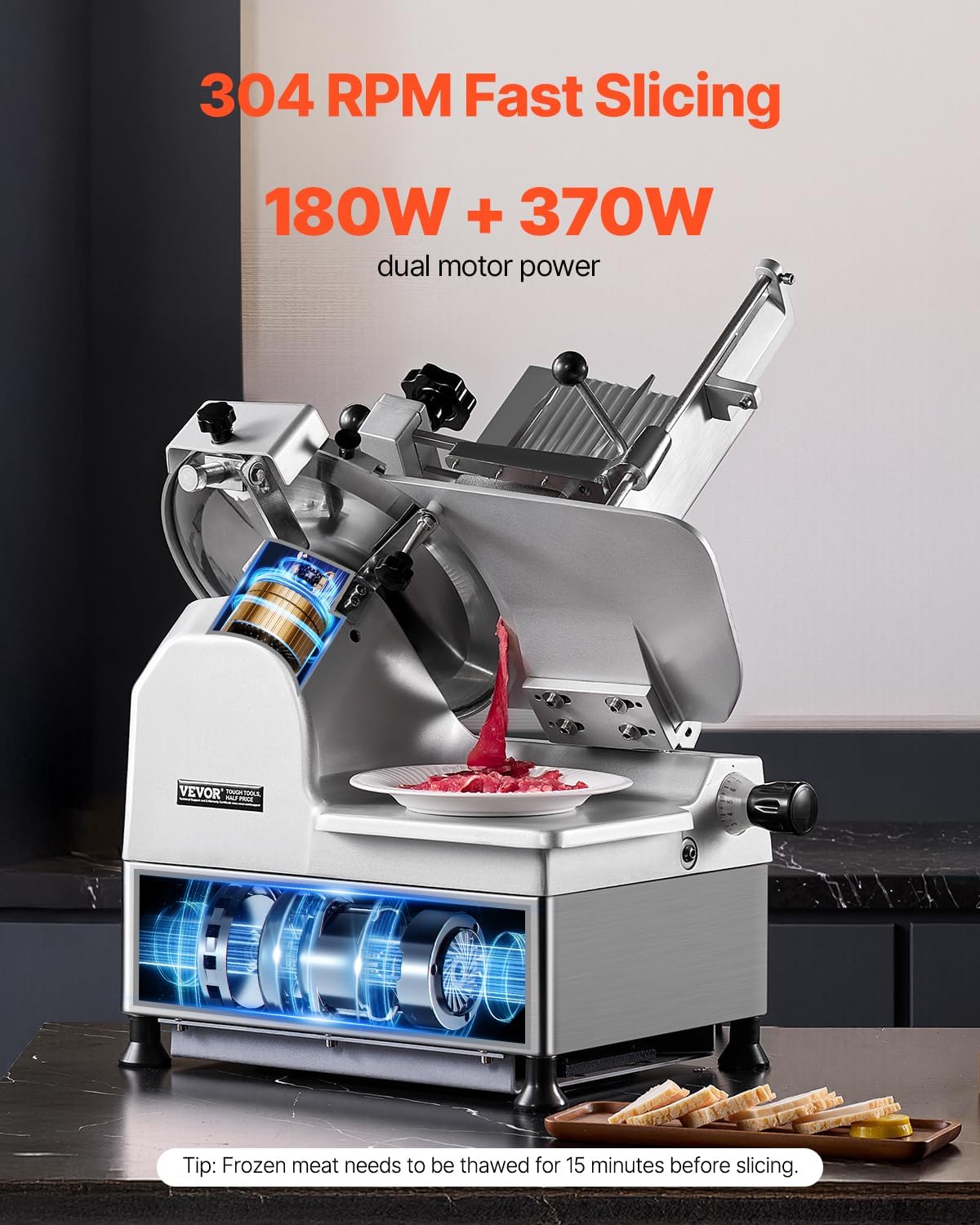 VEVOR Meat Slicer, 7.5 inch 200W Electric Deli Slicer Machine with SUS420 Blade, 0-0.6 inch Adjustable Thickness, ETL Certified Home Food-Slicer for Meat, Ham, Baguett, Steak