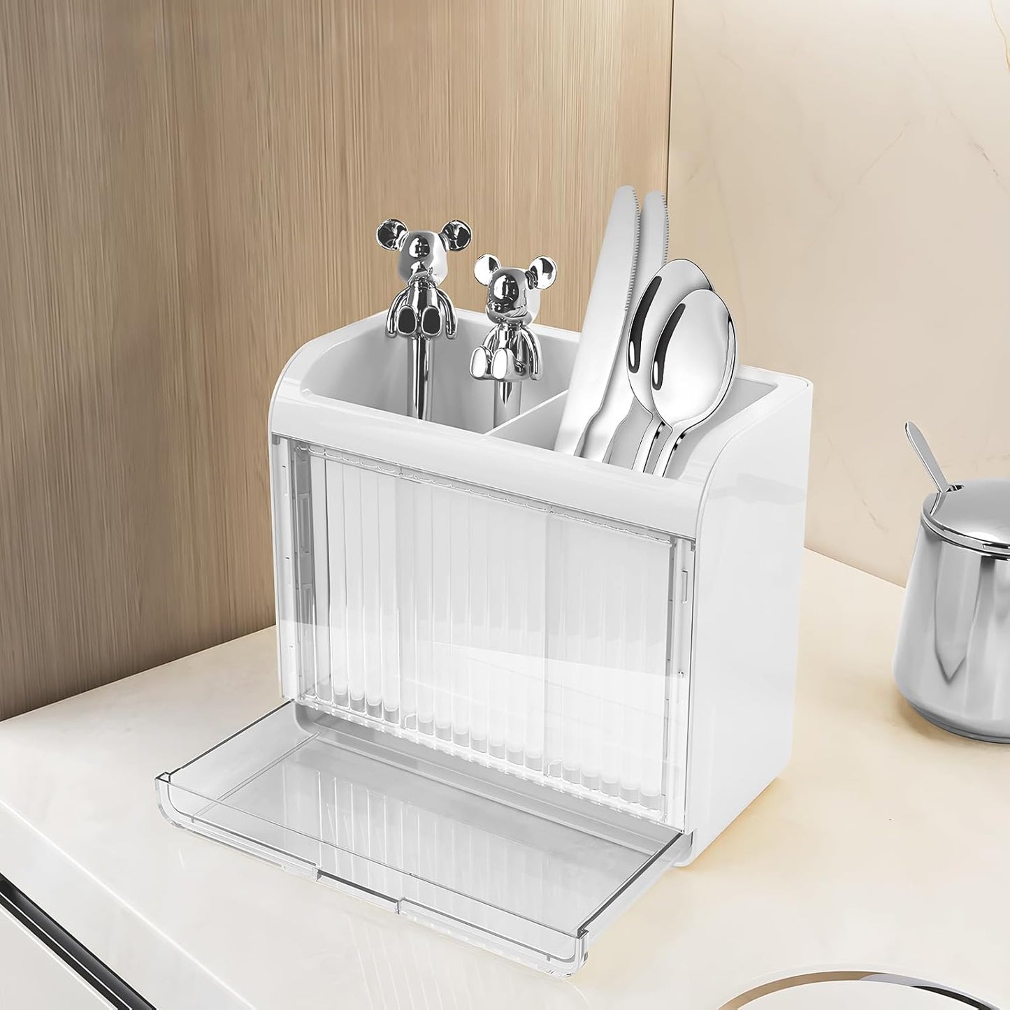 Utensil Holder, Kitchen Utensil Drying Holder with Drain Tray, Wall Mount Drainer Basket Silverware Cutlery Flatware Rack Forks, Knives, Spoons, Chopsticks Organizer - White
