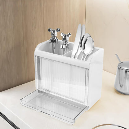 Utensil Holder, Kitchen Utensil Drying Holder with Drain Tray, Wall Mount Drainer Basket Silverware Cutlery Flatware Rack Forks, Knives, Spoons, Chopsticks Organizer - White