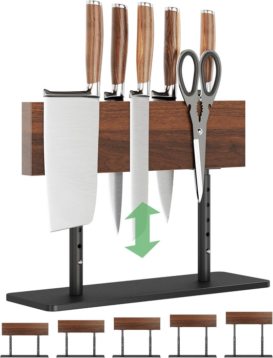 NiHome Magnetic Knife Holder, Adjustable Height (8.66–11.81") Acacia Wood Knife Block, Double-Sided Magnet Stand with Heavy Duty Metal Base, Non-Slip Organizer for Kitchen Countertop