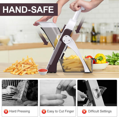 5 in 1 Safe Mandoline Slicer for Kitchen, Safe Vegetable Chopper, Paring Knife, Adjustable Thickness, Easy to Clean, Vegetable Slicer, Slicing, Strips, Shredding, Dicing, Chop (Black Knight)