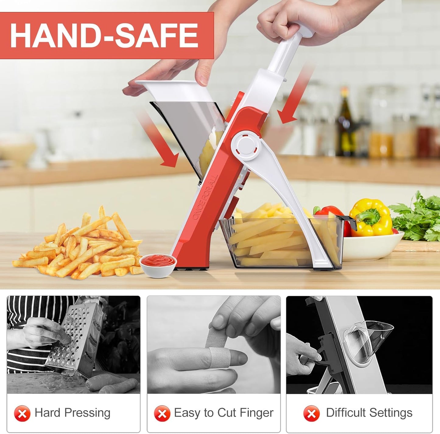 5 in 1 Safe Mandoline Slicer for Kitchen, Safe Vegetable Chopper, Paring Knife, Adjustable Thickness, Easy to Clean, Vegetable Slicer, Slicing, Strips, Shredding, Dicing, Chop (Black Knight)