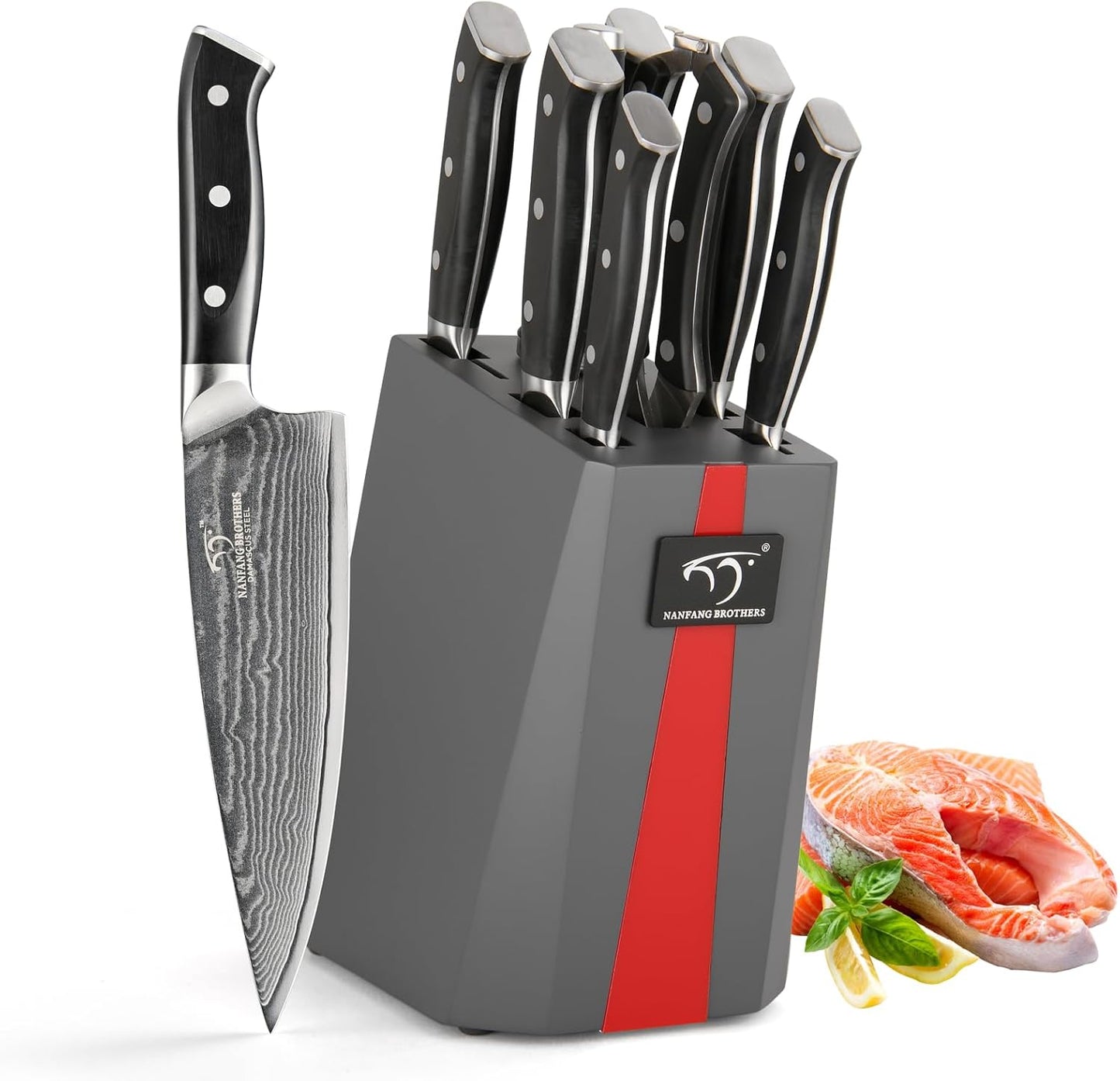 NANFANG BROTHERS Knife Sets for Kitchen with Block, Damasucs Kitchen Knife Sets 9 Pieces with Ergonomic Triple Rivet Handle, Kitchen Knives for Chopping, Slicing, Dicing & Cutting