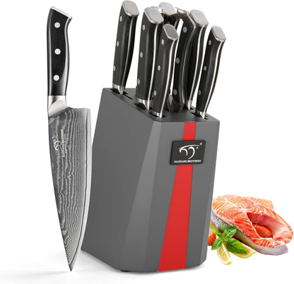 NANFANG BROTHERS Knife Sets for Kitchen with Block, Damasucs Kitchen Knife Sets 9 Pieces with Ergonomic Triple Rivet Handle, Kitchen Knives for Chopping, Slicing, Dicing & Cutting