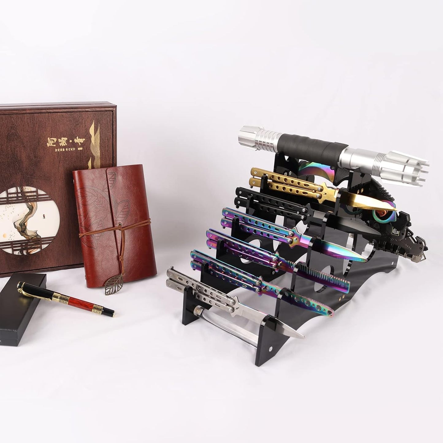 Holds 12 Pocket Knife Display Case - Acrylic Tabletop Stand for Storage (Black)