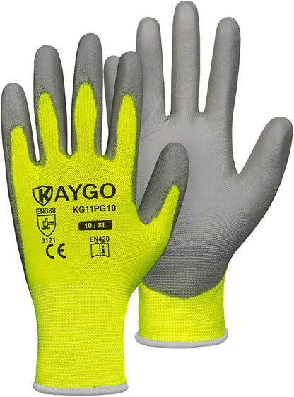 KAYGO Work Gloves for Men and Women,12 Pairs Seamless Knit PU Coated Safety Gloves, with Smooth Grip on Palm and Fingers, Ideal for Light Warehouse, Manufacturing, Gardening, KG11P (M, Black)