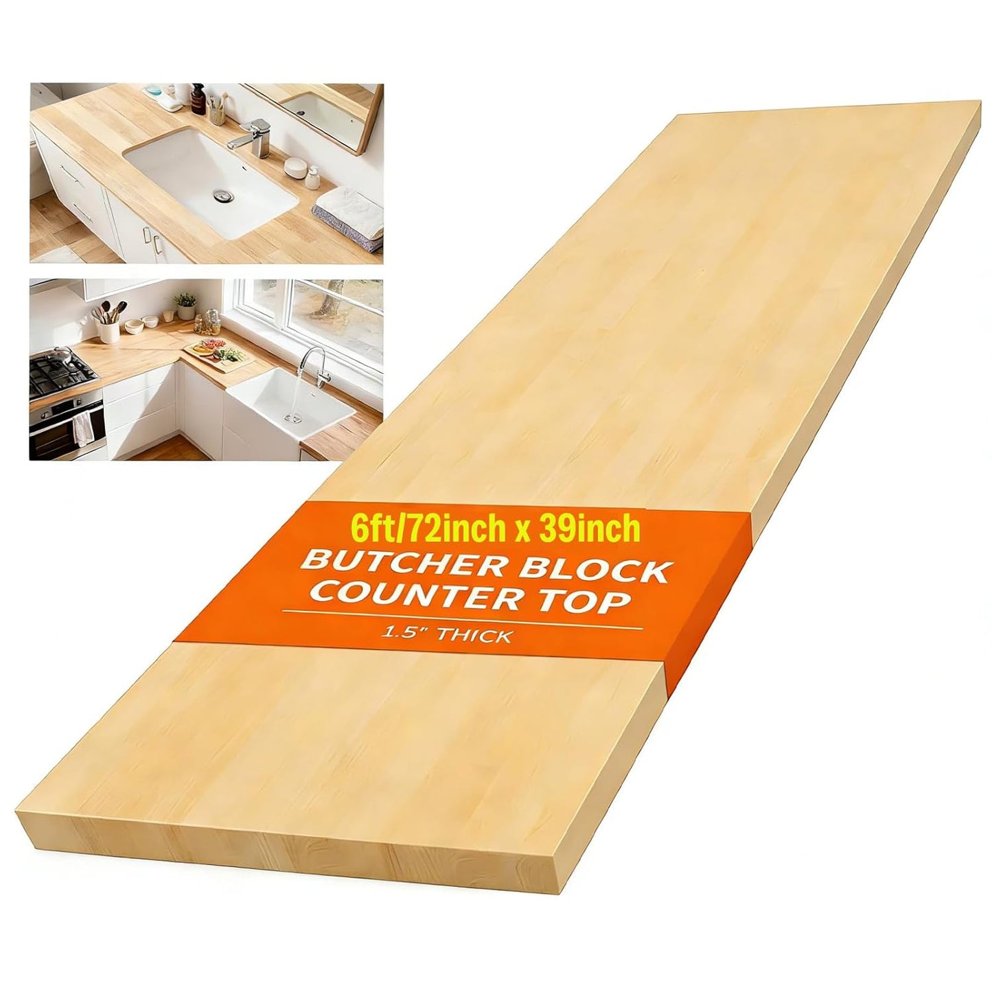 18"x25" Butcher Block Countertop Island, 1.5FT Unfinished Solid Birch Wood DIY Countertop, Durable Counter Table Tops for Kitchen Bar, Workshop, Laundry Counters Dining Room Tables 1.5"Thick