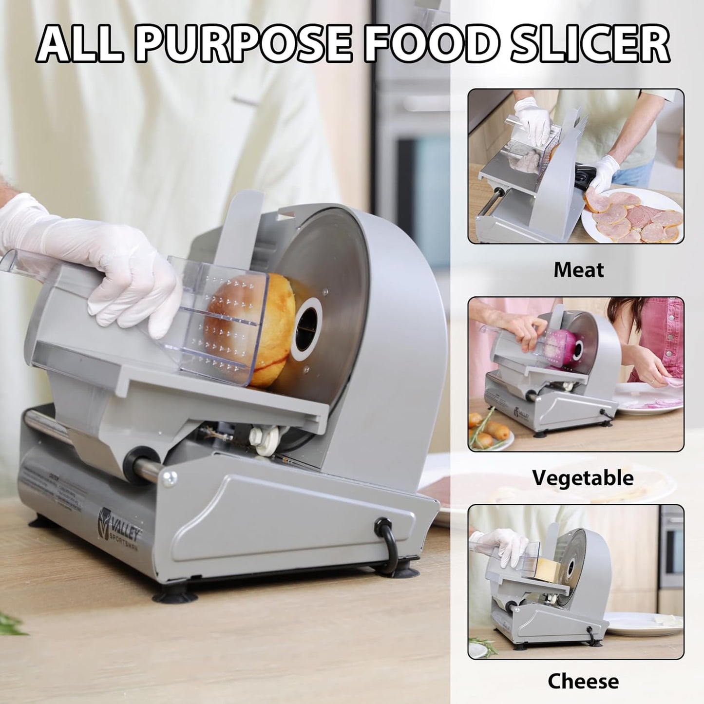 Valley Sportsman Meat Slicer Machine for Home - Electric Deli Meat Slicer with 7.5" Stainless Steel Blade, Adjustable Thickness Food Slicer Cuts Meat, Bread, Cheese, Easy to Clean, Black