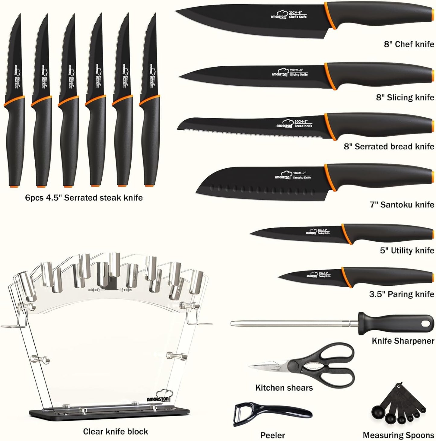Amorston Knife Set, 22-Piece Kitchen Knife Set with Acrylic Block, Dishwasher Safe with Sharpener, High Carbon Stainless Steel, Anti-slip Ergonomic Handle, Black,Valentine's Gift