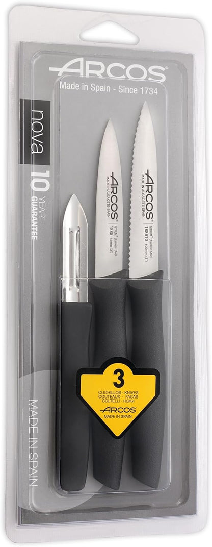 Arcos Set 3 pieces Paring Knife 3 Inch. 3 Paring Knives of Stainless Steel and Ergonomic Polypropylene Handle for Cutting Fruits, Vegetables and Tubers.. Series Nova. Color Black