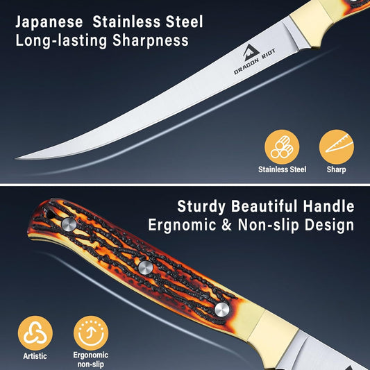 DRAGON RIOT Fillet Blade Set Professional Boning Knife for Filleting Japanese Stainless Steel Fish Knives Set with Ergonomic Handle Super Sharp Fish Filleting Knife for Meat Poultry Cutting