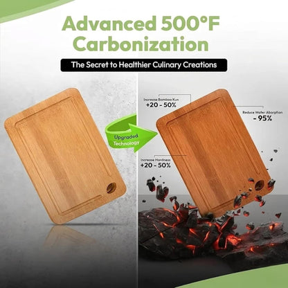 Greva 3 Piece Bamboo Cutting Board Set with Juice Grooves, Non-Slip Feet Built-in Handles, Deep Carbonized Wood for Meat Fruit and Cheese Includes 3-in-1 Wooden Cutlery Set
