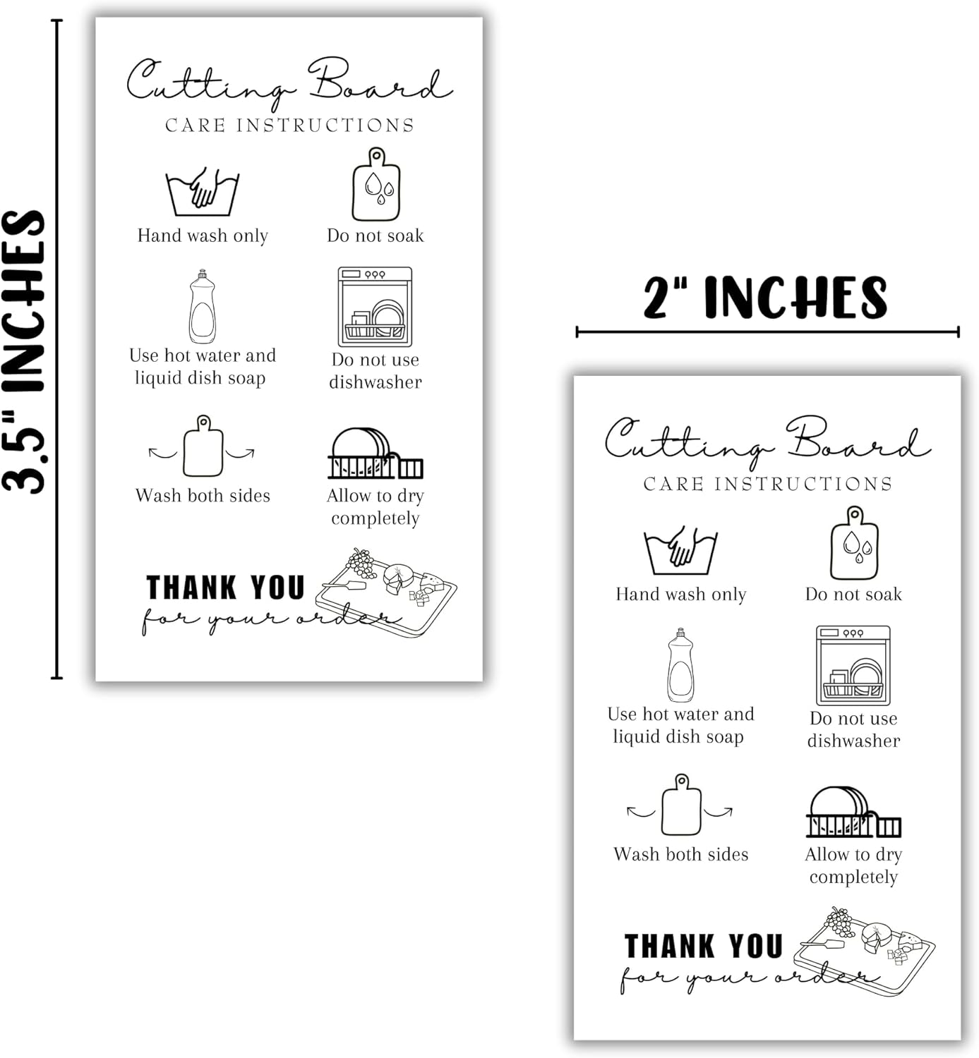 Cutting Board Care Cards Instruction Wood Charcuterie Handmade | 50pk 2x3.5” Washing Handling Directions Clients Packaging