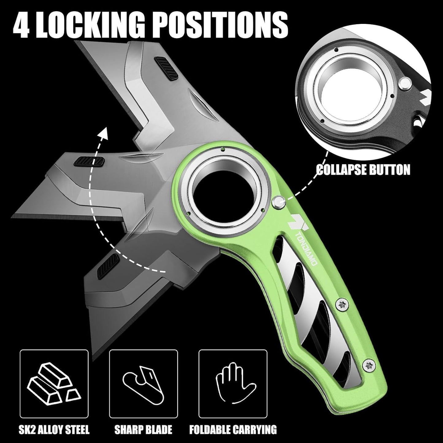 Tondiamo 4 Pcs Folding Pocket Utility Knife Heavy Duty Box Cutter Folding Razor Knife with Anti Slip Finger Loop Easy Change Blades 3 Lock Positions Design (Yellow,Red,Black,Green)
