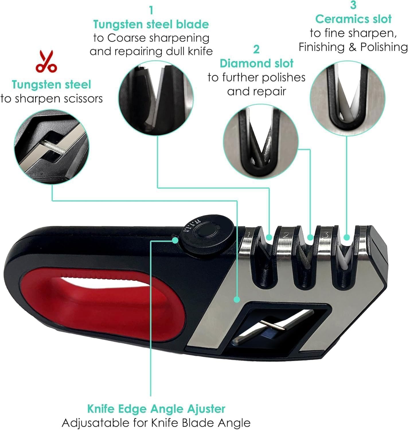 Hand held Knife Sharpener for Kitchen Knives - Scissor sharpener Tool - Adjustable Custom Sharpening System for All Blades, Ergonomic Handle, Non-Slip Base - Afilador De Cuchillos