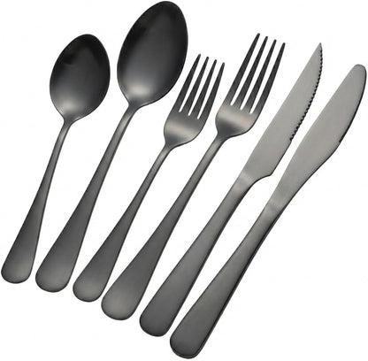 GPY Black Silverware Set, 24-Piece Stainless Steel Flatware Set Service for 4, Titanium Plated Black Eating Utensils, Modern Mirror Finish Cutlery for Kitchen & Home