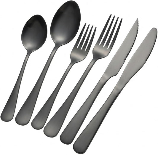 GPY Black Silverware Set, 24-Piece Stainless Steel Flatware Set Service for 4, Titanium Plated Black Eating Utensils, Modern Mirror Finish Cutlery for Kitchen & Home