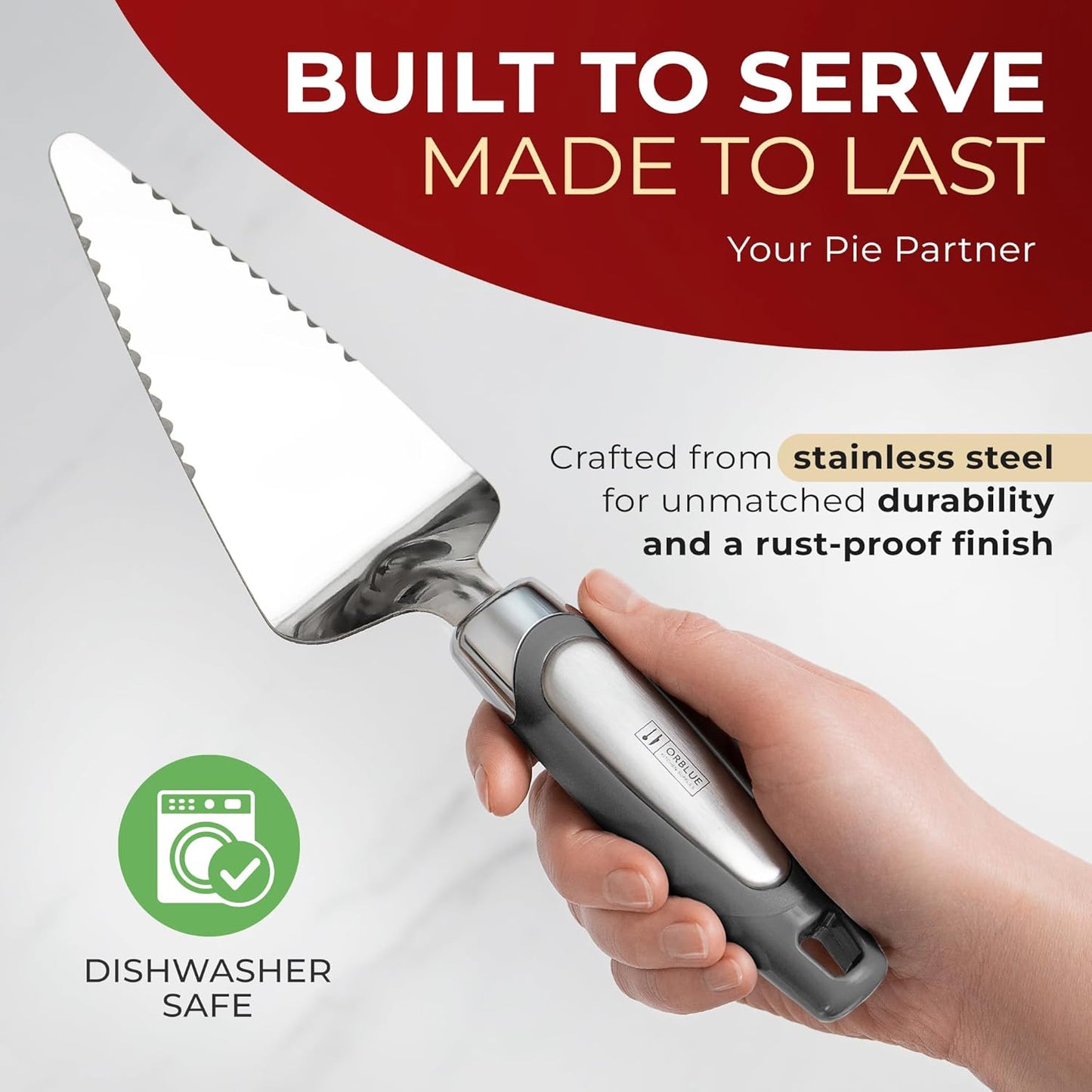 Orblue Pie Server, Essential Kitchen Tool, Serrated on Both Sides, Great for Right or Left Handed Chef, Stainless Steel Flatware , Cake Cutter,White