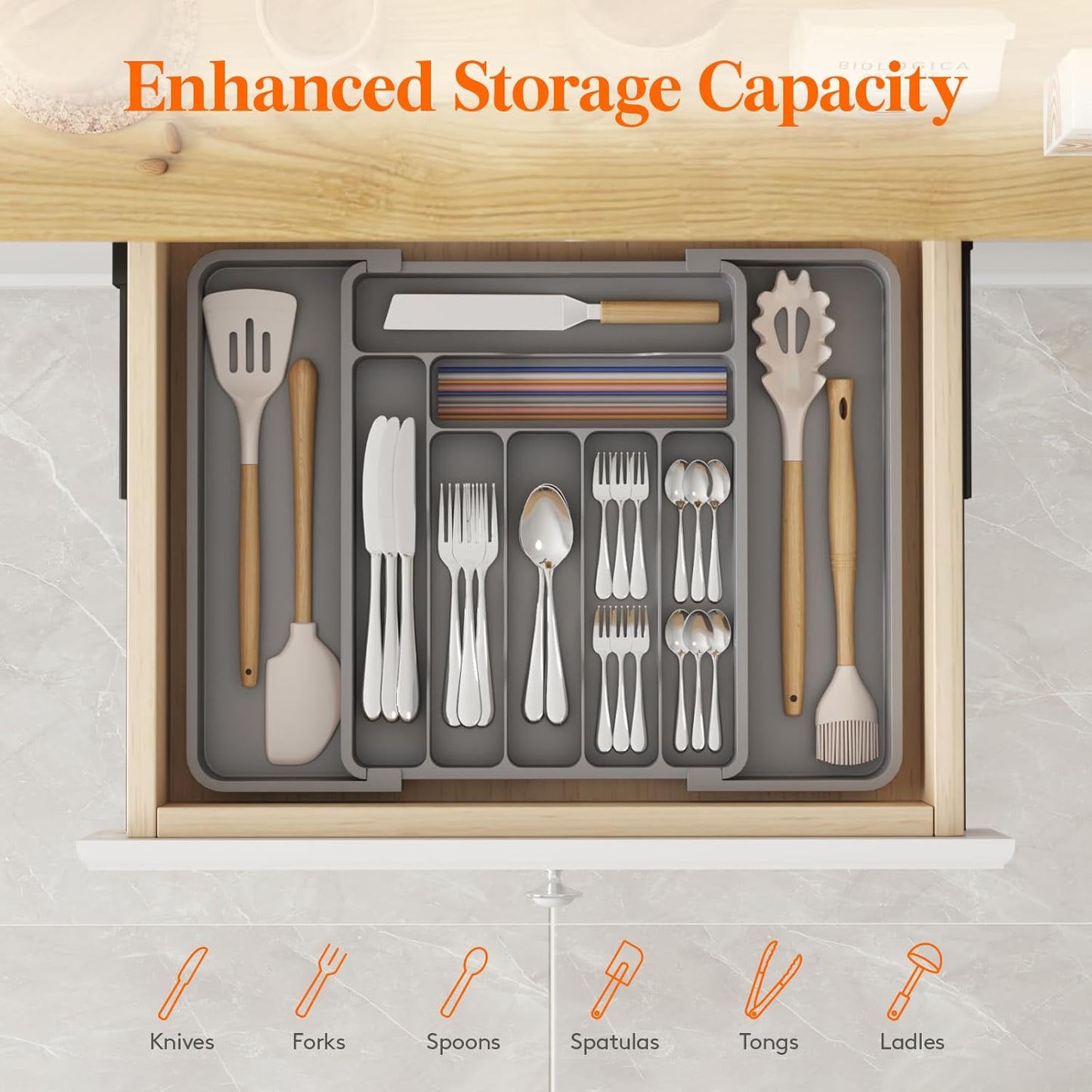 Lifewit Utensil Organizer for Kitchen Drawer, Expandable Cooking Silverware Tray, Adjustable Cutlery Flatware Holder, Plastic Spatula Tools Storage Divider, 14.4 x 15.8", Black