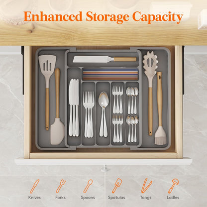 Lifewit Utensil Organizer for Kitchen Drawer, Expandable Cooking Silverware Tray, Adjustable Cutlery Flatware Holder, Plastic Spatula Tools Storage Divider, 14.4 x 15.8", Black
