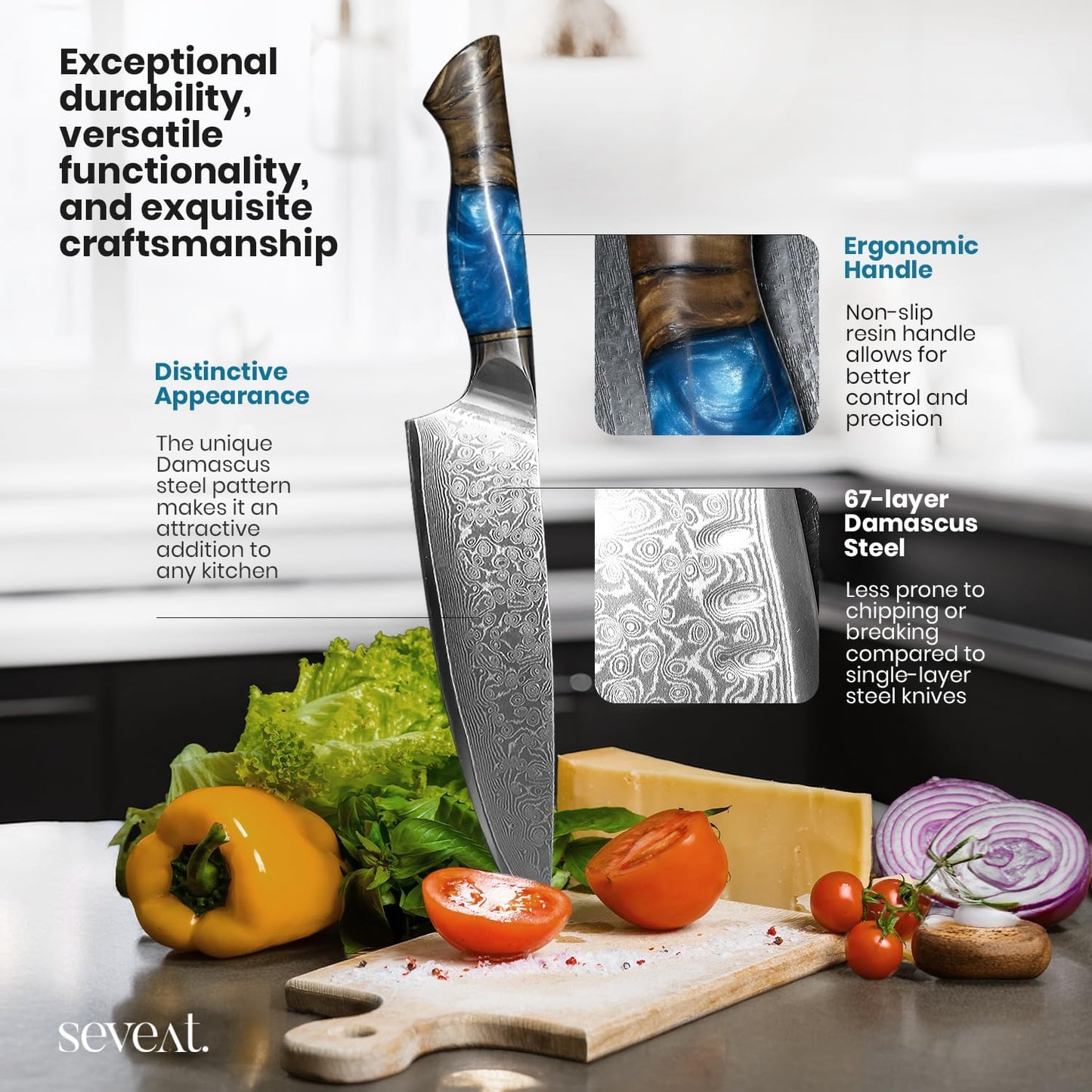 Damascus Kitchen Knife Set | 67-Layer Damascus Steel | Professional Japanese Chef Knife Set | Ergonomic Wood & Resin Handle | Gift Box Included (Black, 5-Piece Set)
