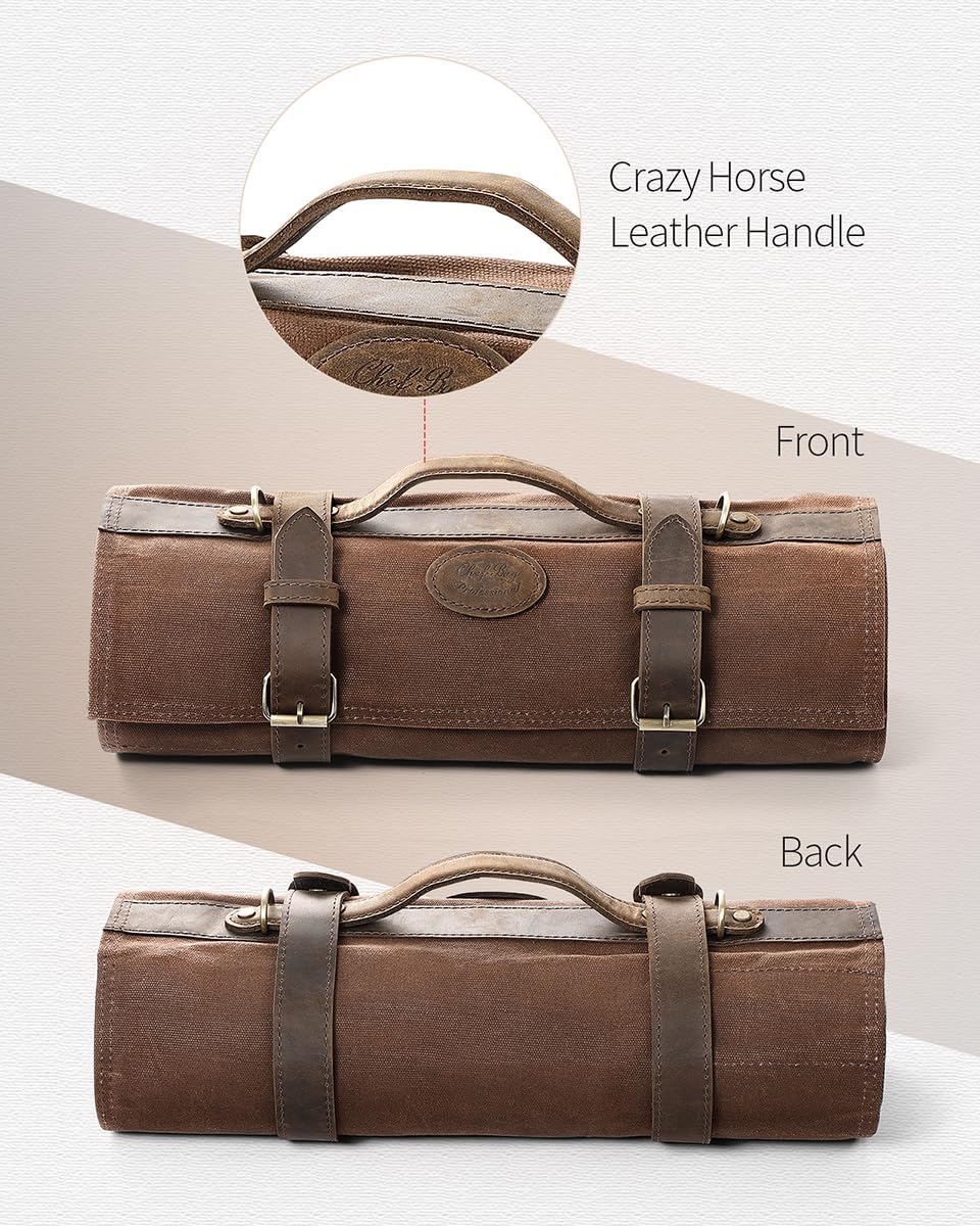 XINZUO Chef Knife Roll Bag Professional,16oz Waxed Canvas and Crazy Horse Leather,12 Slots Plus 2 Zipper Pockets,Adjustable Shoulder Strap-Travel Tool Roll Pouch(Bag Only)