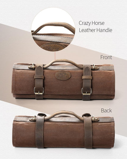 XINZUO Chef Knife Roll Bag Professional,16oz Waxed Canvas and Crazy Horse Leather,12 Slots Plus 2 Zipper Pockets,Adjustable Shoulder Strap-Travel Tool Roll Pouch(Bag Only)